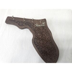 Vintage FL State Shaped Hand Carved Wood Key Holder Wall Decor 4 Hooks India